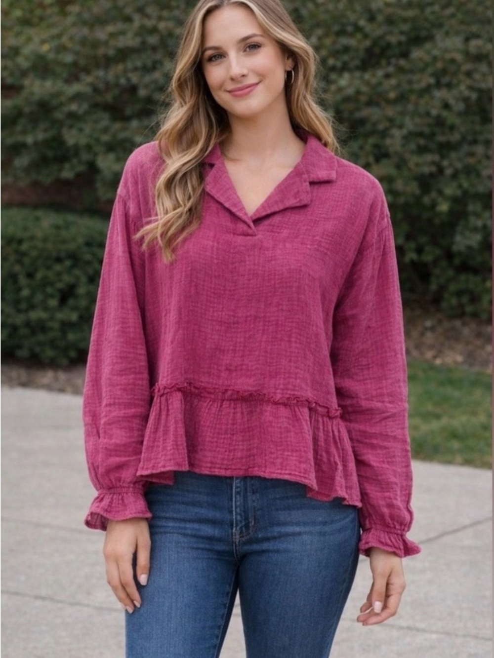 NWT Ott Cotton Gauze Ruffle Blouse in Magenta Size XL